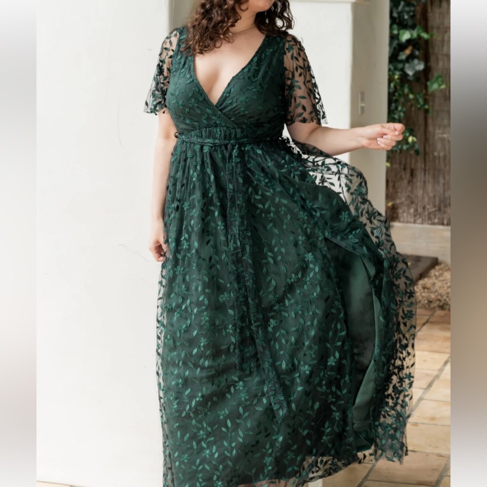 Baltic Born Emerald Green Maxi Dress with Leaf Embroidery